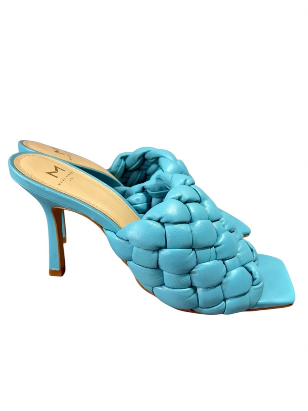Marc Fisher Dakina Turquoise Blue Braided Woven Leather Heels